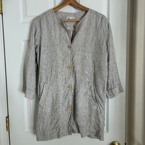 Eileen Fisher black white stripe lagenlook button down organic linen tunic PS